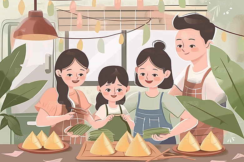 端午包粽子小吃传统文化插画