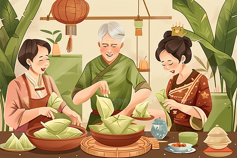 端午包粽子粽叶阖家团聚插画