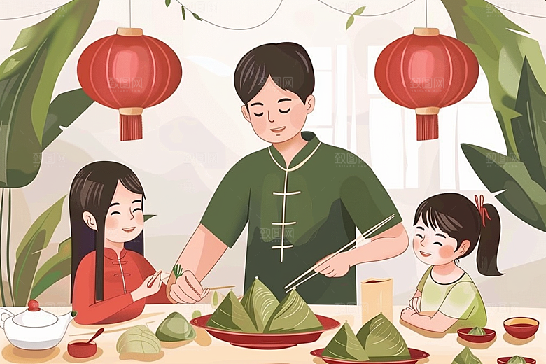 端午包粽子高清习俗插画