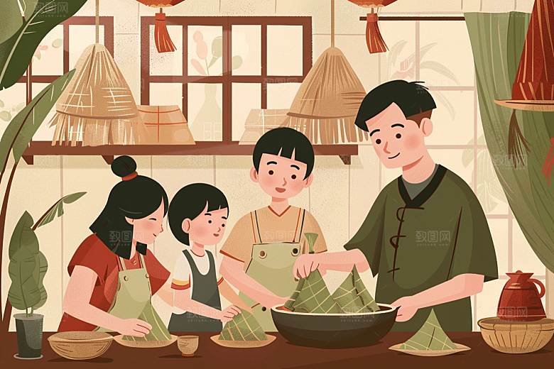 端午包粽子高清手绘插画