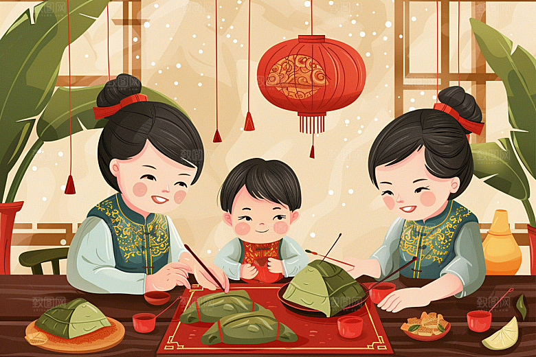 端午包粽子习俗端午节插画