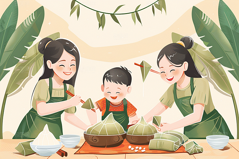端午包粽子高清手绘插画