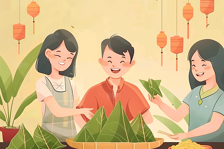 端午包粽子粽叶高清插画