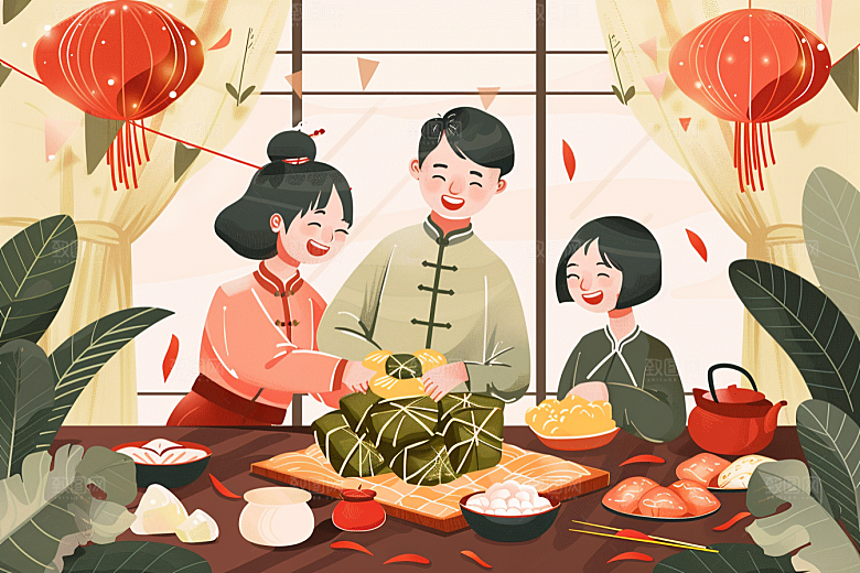 端午包粽子高清幸福插画