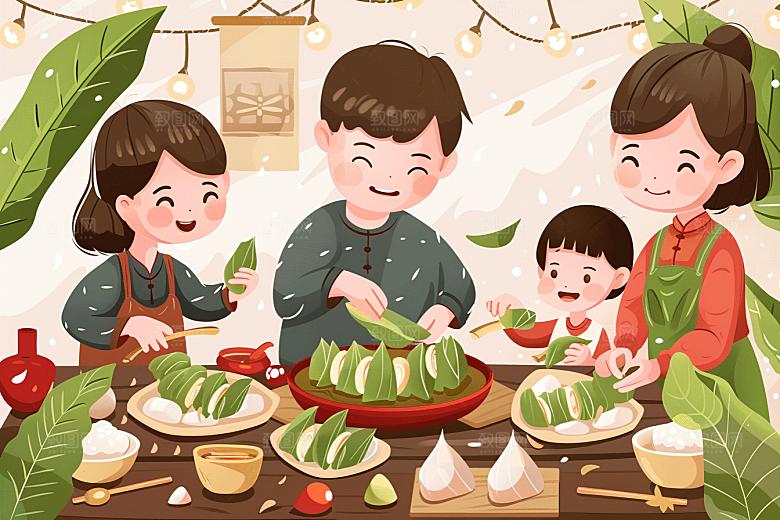 端午包粽子高清传统文化插画