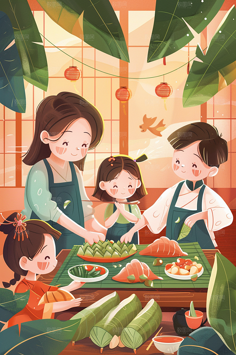 端午包粽子小吃美食插画