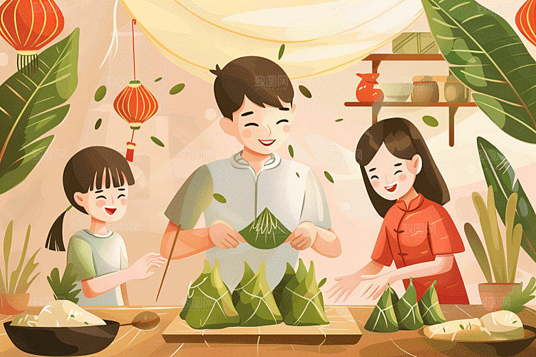 端午包粽子糯米幸福插画