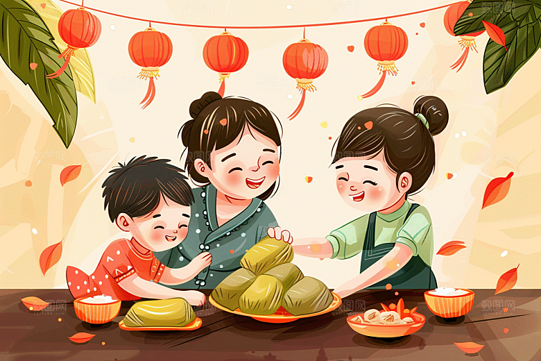 端午包粽子糯米幸福插画