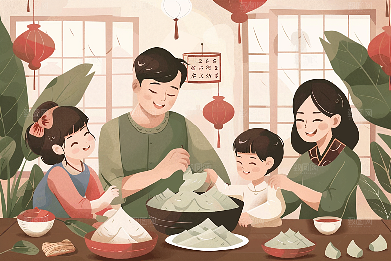 端午包粽子节日氛围美味插画