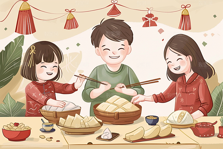 端午包粽子粽叶传统文化插画
