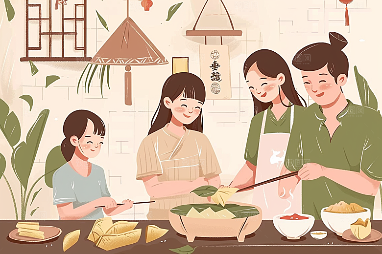 端午包粽子粽叶温馨插画
