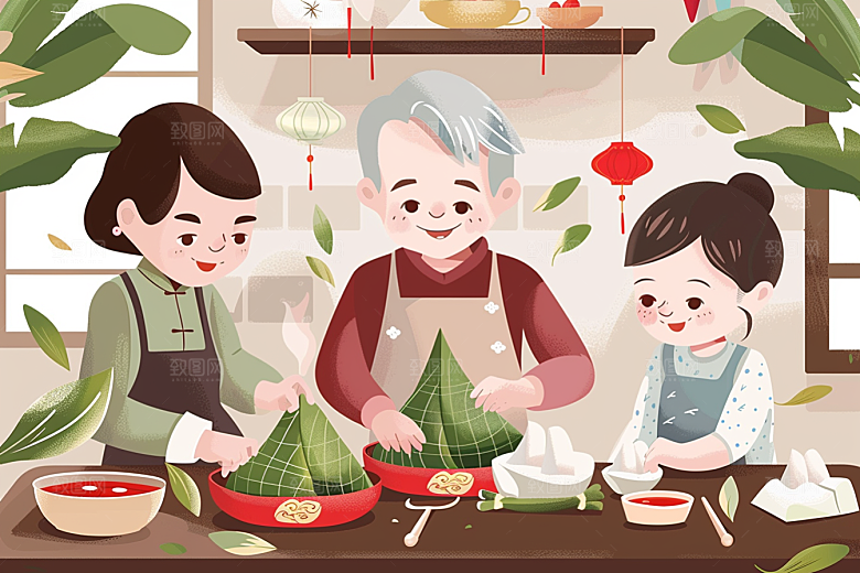 端午包粽子高清幸福插画