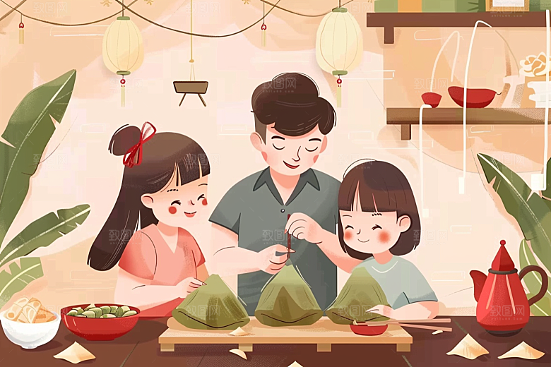 端午包粽子粽叶手绘插画