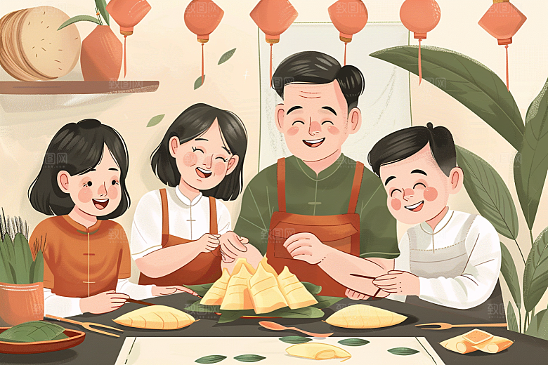 端午包粽子习俗幸福插画