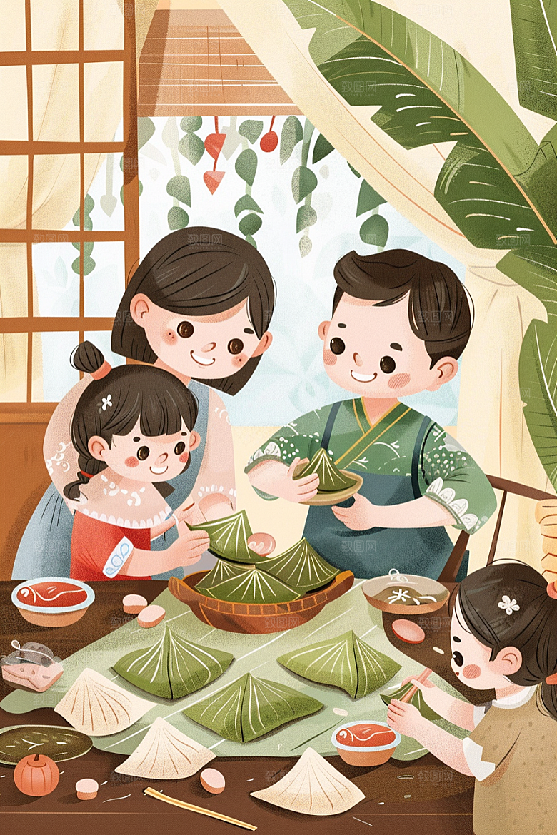 端午包粽子节日氛围温馨插画