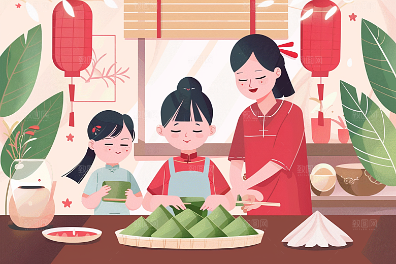 端午包粽子阖家团聚节日插画