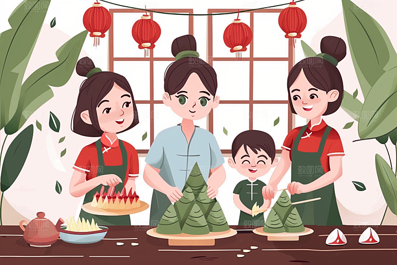 端午包粽子阖家团聚糯米插画