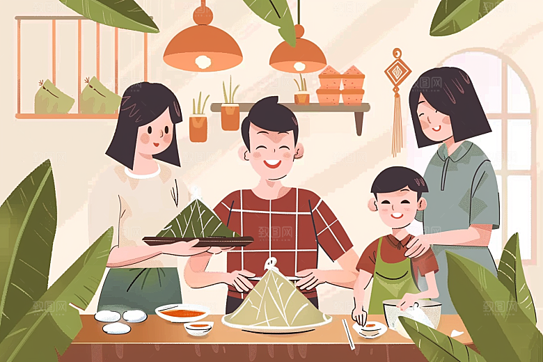 端午包粽子习俗温馨插画