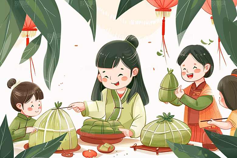 端午包粽子温馨端午节插画