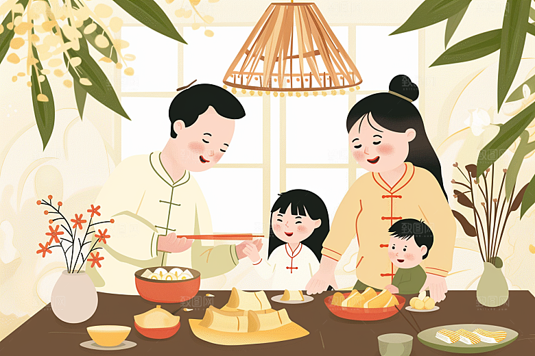 端午包粽子高清节日氛围插画