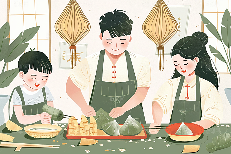 端午包粽子粽叶阖家团聚插画