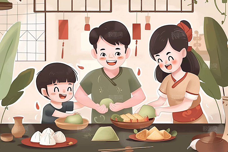 端午包粽子习俗小吃插画