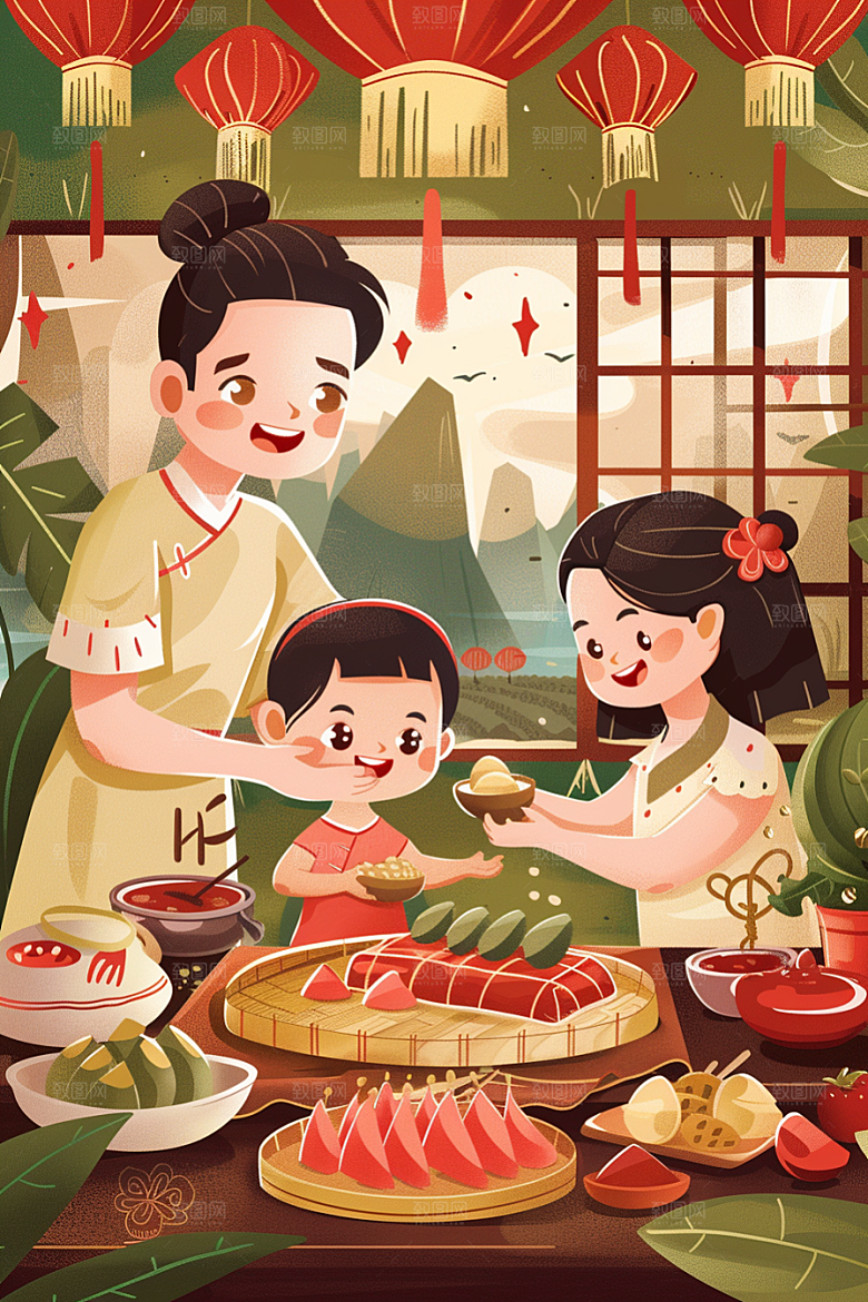 端午包粽子糯米粽叶插画