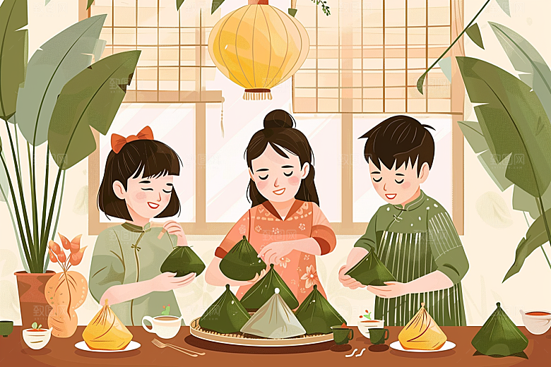 端午包粽子端午节手绘插画