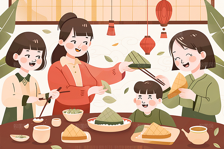 端午包粽子美味习俗插画