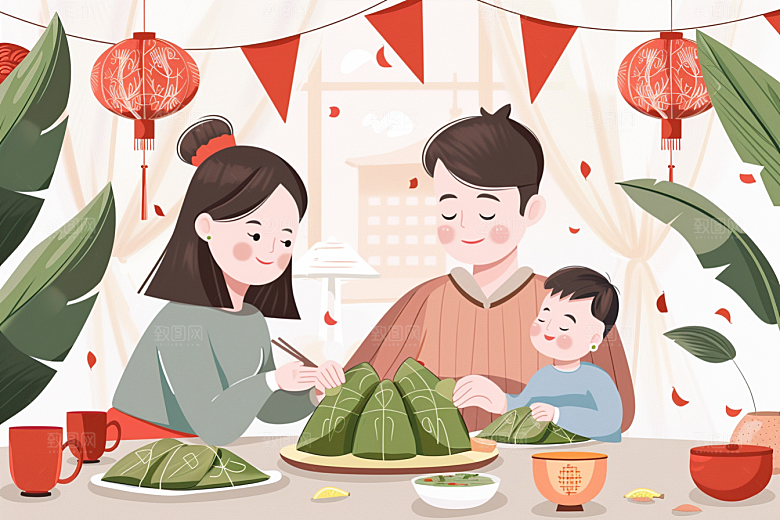端午包粽子阖家团聚端午节插画