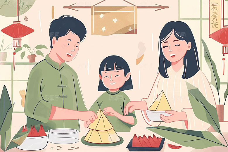 端午包粽子节日氛围粽叶插画