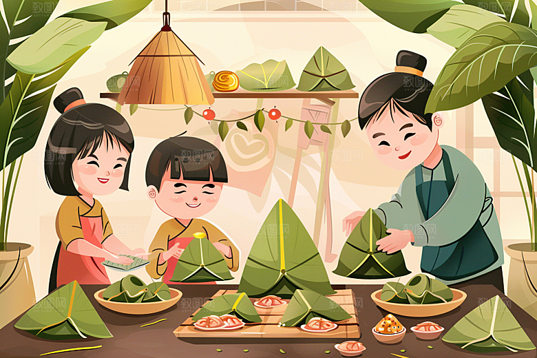 端午包粽子粽叶节日氛围插画