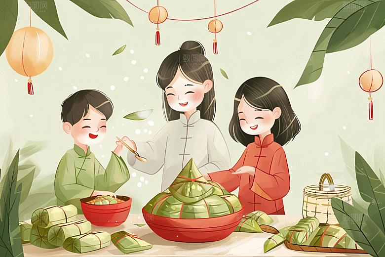 端午包粽子节日氛围幸福插画