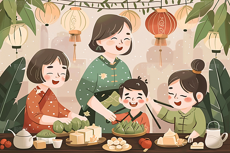 端午包粽子高清节日氛围插画