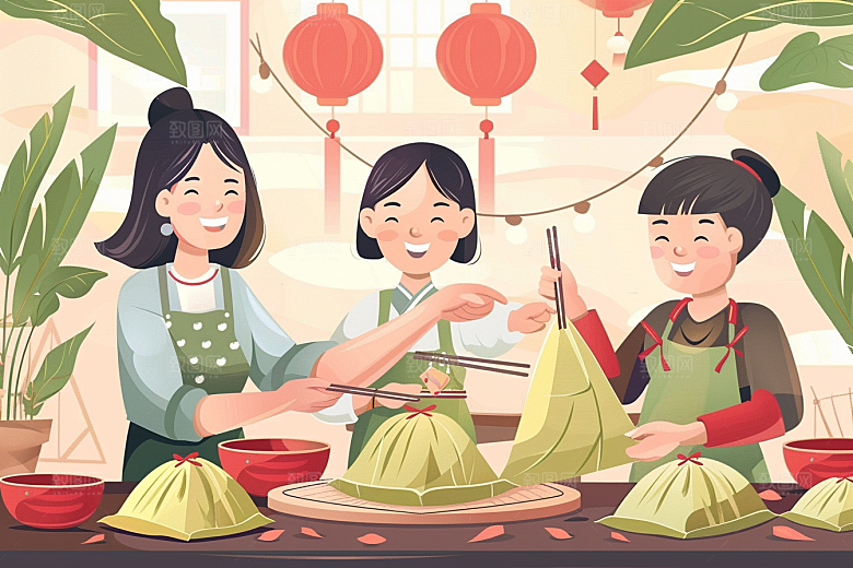 端午包粽子习俗小吃插画