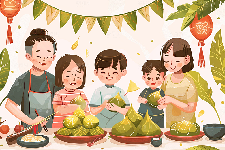 端午包粽子手绘阖家团聚插画
