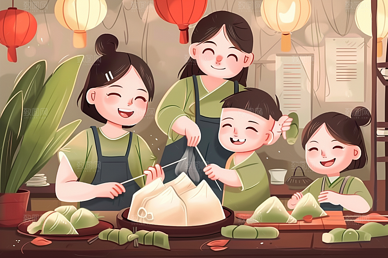 端午包粽子习俗美食插画