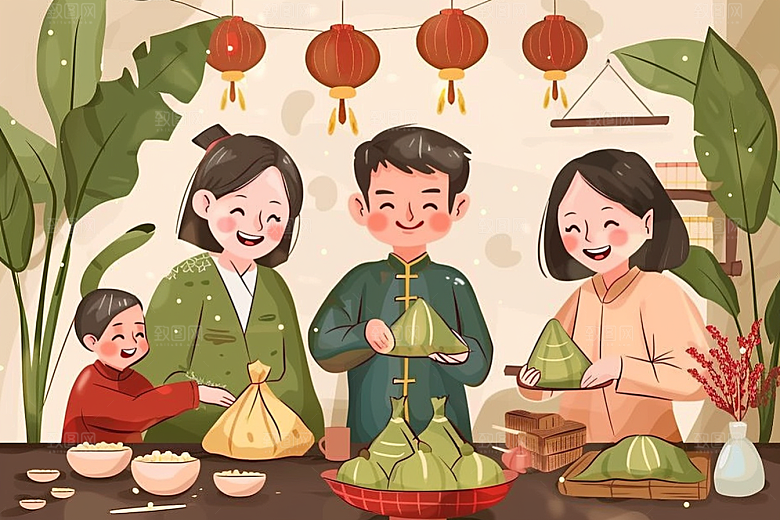 端午包粽子美味阖家团聚插画