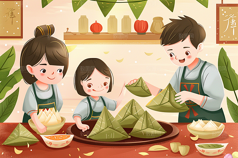 端午包粽子手绘阖家团聚插画