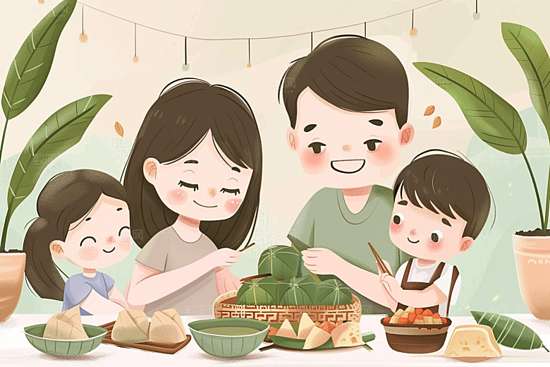 端午包粽子温馨美食插画