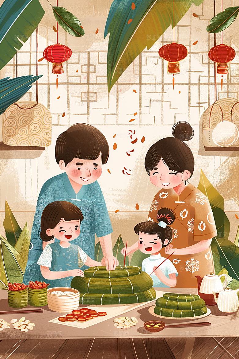 端午包粽子小吃手绘插画