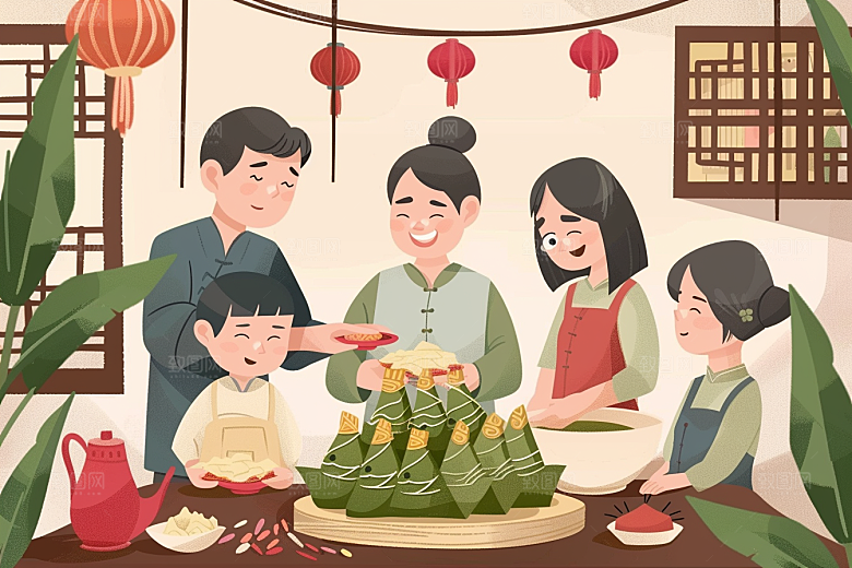 端午包粽子习俗美味插画