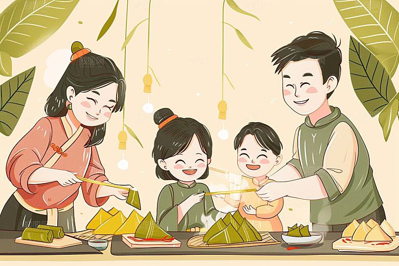 端午包粽子温馨手绘插画