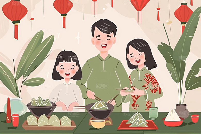 端午包粽子阖家团聚美味插画
