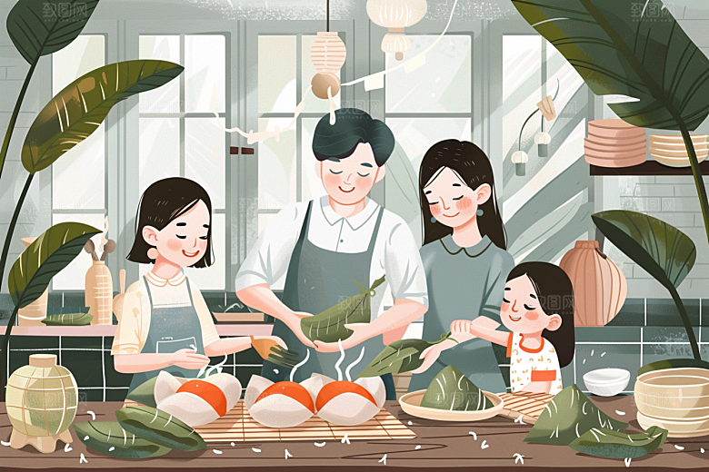 端午包粽子阖家团聚美味插画