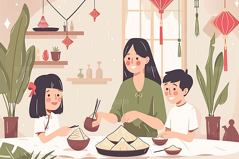 端午包粽子美食粽叶插画