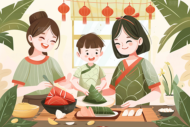 端午包粽子小吃节日氛围插画