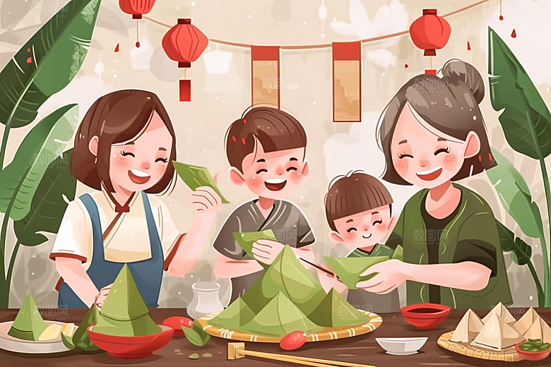 端午包粽子节日粽叶插画