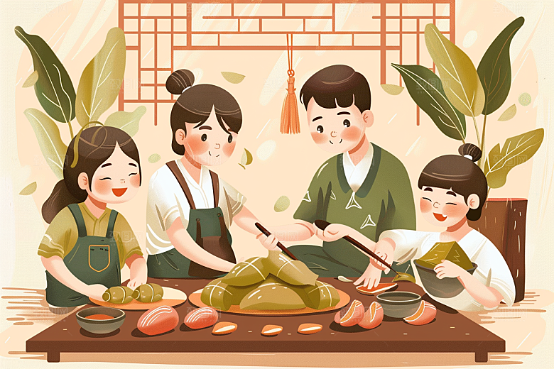 端午包粽子节日氛围高清插画