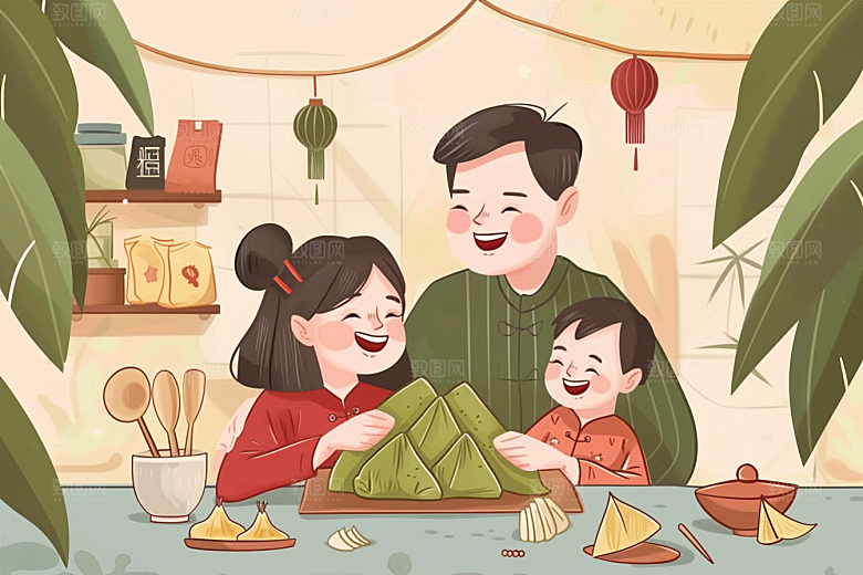 端午包粽子温馨美味插画